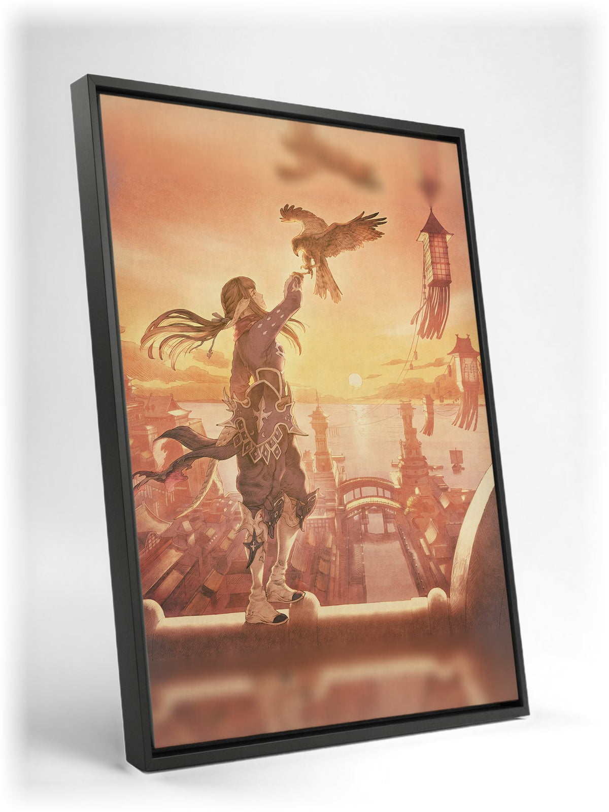 Final Fantasy XIV Stormblood Vinyl LP Art as a black floater framed canvas leaning against a wall (vertical)