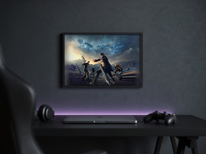 Final Fantasy XV Alternate Cover Art poster in a black frame above a gaming desk