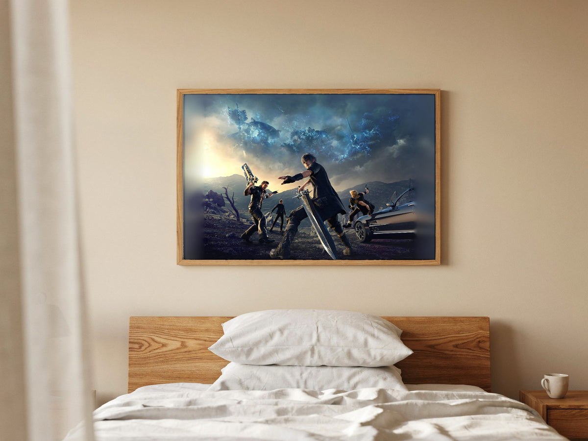 Final Fantasy XV Alternate Cover Art poster in a natural oak frame above a bed