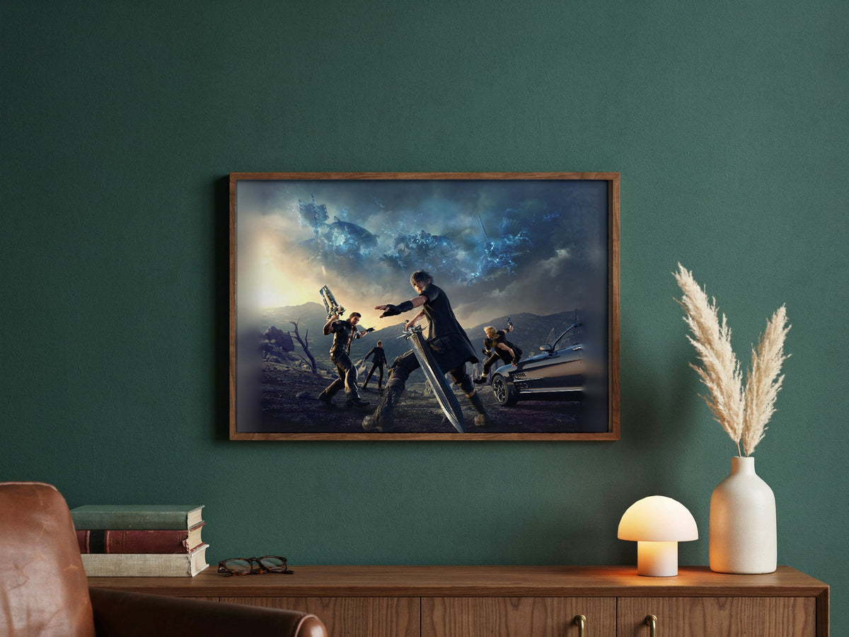 Final Fantasy XV Alternate Cover Art poster in a dark walnut frame in a green study
