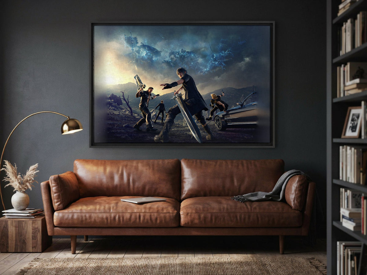 Final Fantasy XV Alternate Cover Art as a black floater framed canvas in a media room