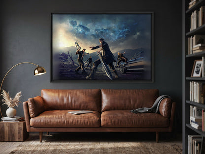 Final Fantasy XV Alternate Cover Art as a black floater framed canvas in a media room