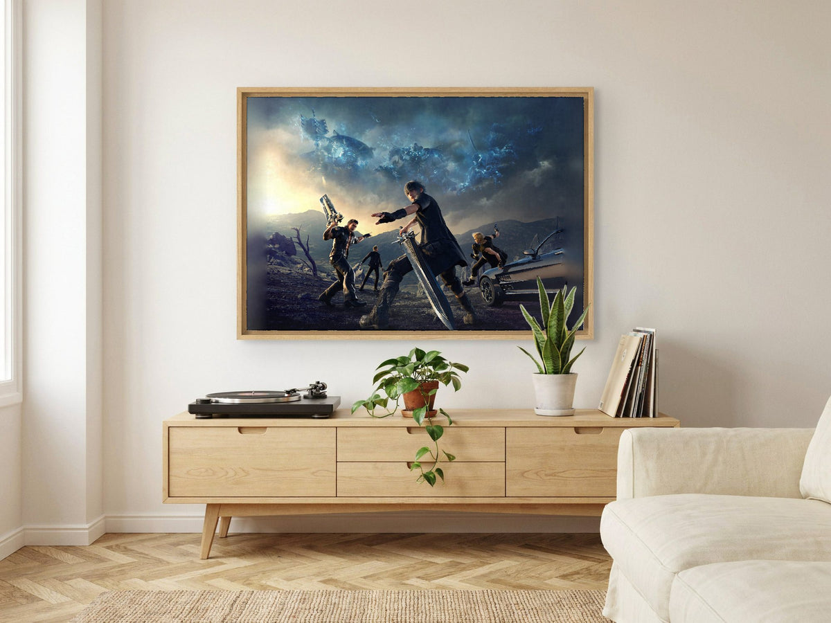 Final Fantasy XV Alternate Cover Art as an oak floater framed canvas in a Scandinavian lounge