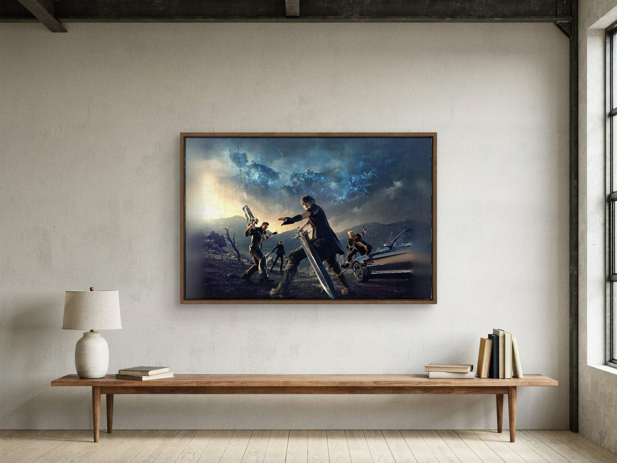 Final Fantasy XV Alternate Cover Art as a walnut floater framed canvas in a loft