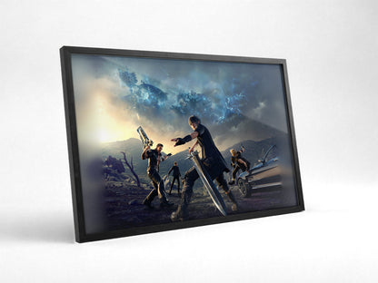 Final Fantasy XV Alternate Cover Art poster in a black frame with glass leaning against a wall