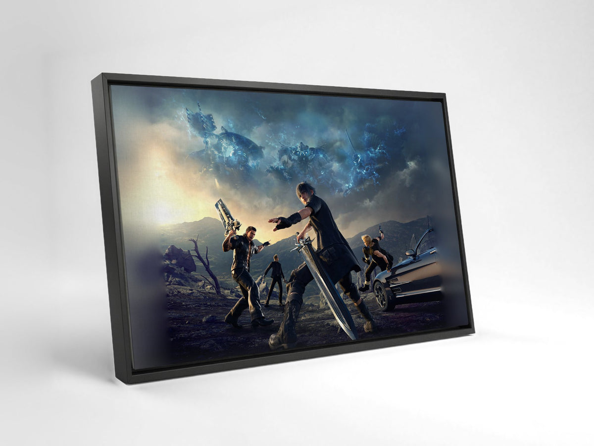 Final Fantasy XV Alternate Cover Art as a black floater framed canvas leaning against a wall