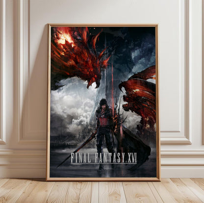 Final Fantasy XVI Key Art poster in a light oak frame leaning against a white wall
