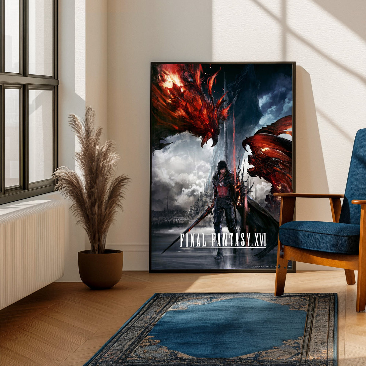 Final Fantasy XVI Key Art poster framed beside a blue armchair in a sunlit room