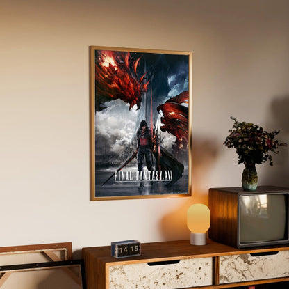 Final Fantasy XVI Key Art poster in an oak frame above a sideboard