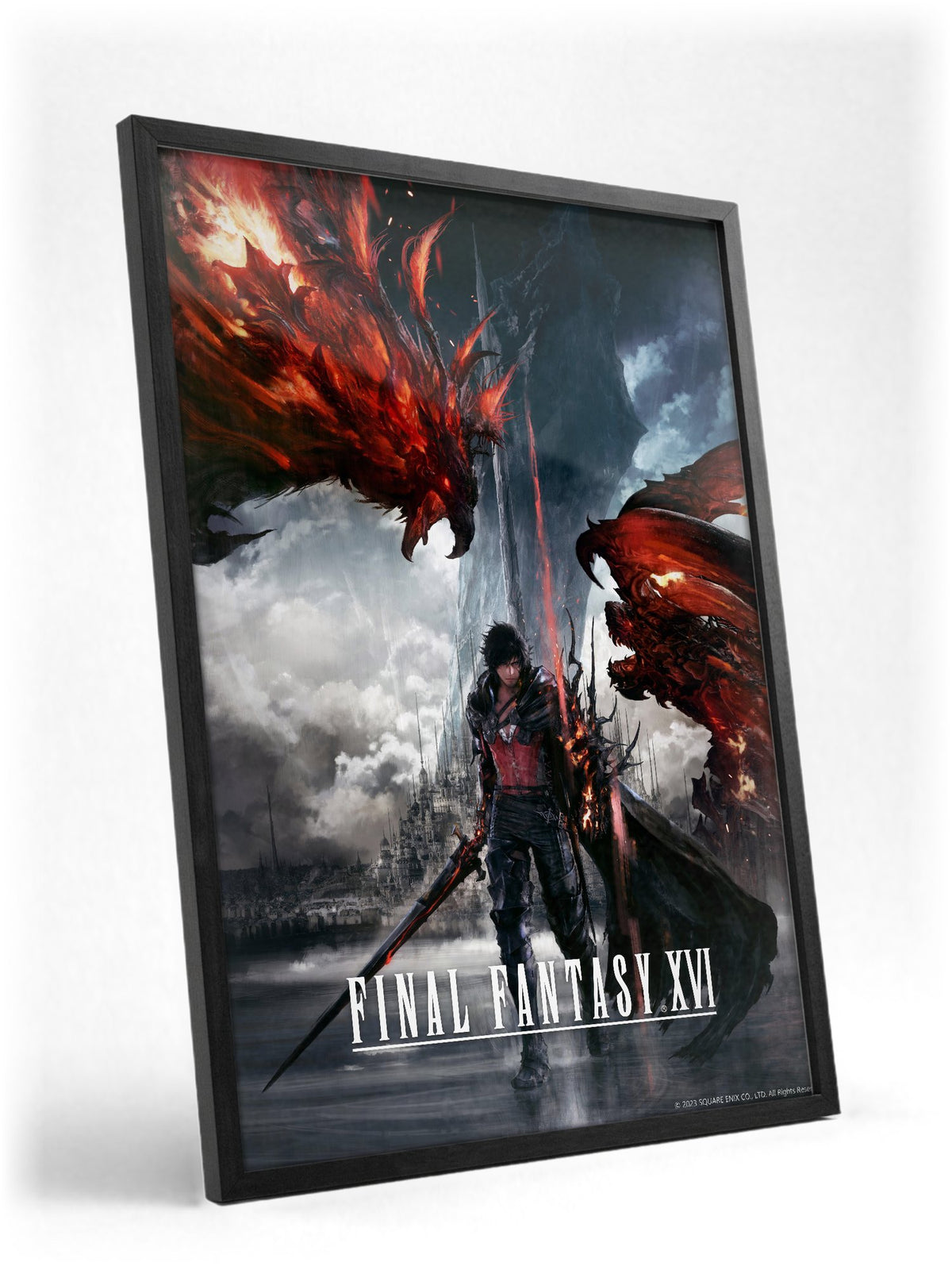 Final Fantasy XVI Key Art poster in a black frame with glass leaning against a wall