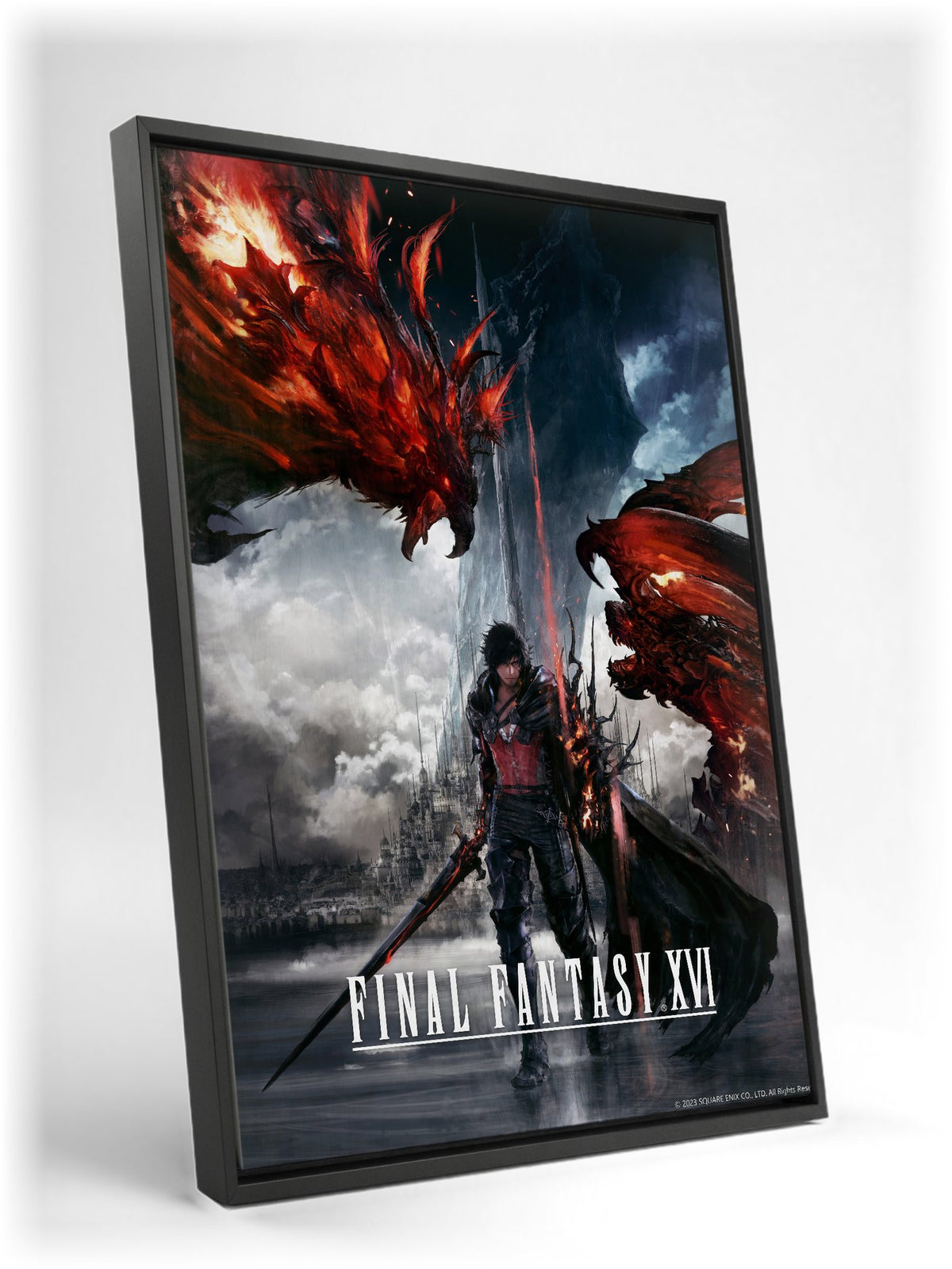 Final Fantasy XVI Key Art as a black floater framed canvas leaning against a wall