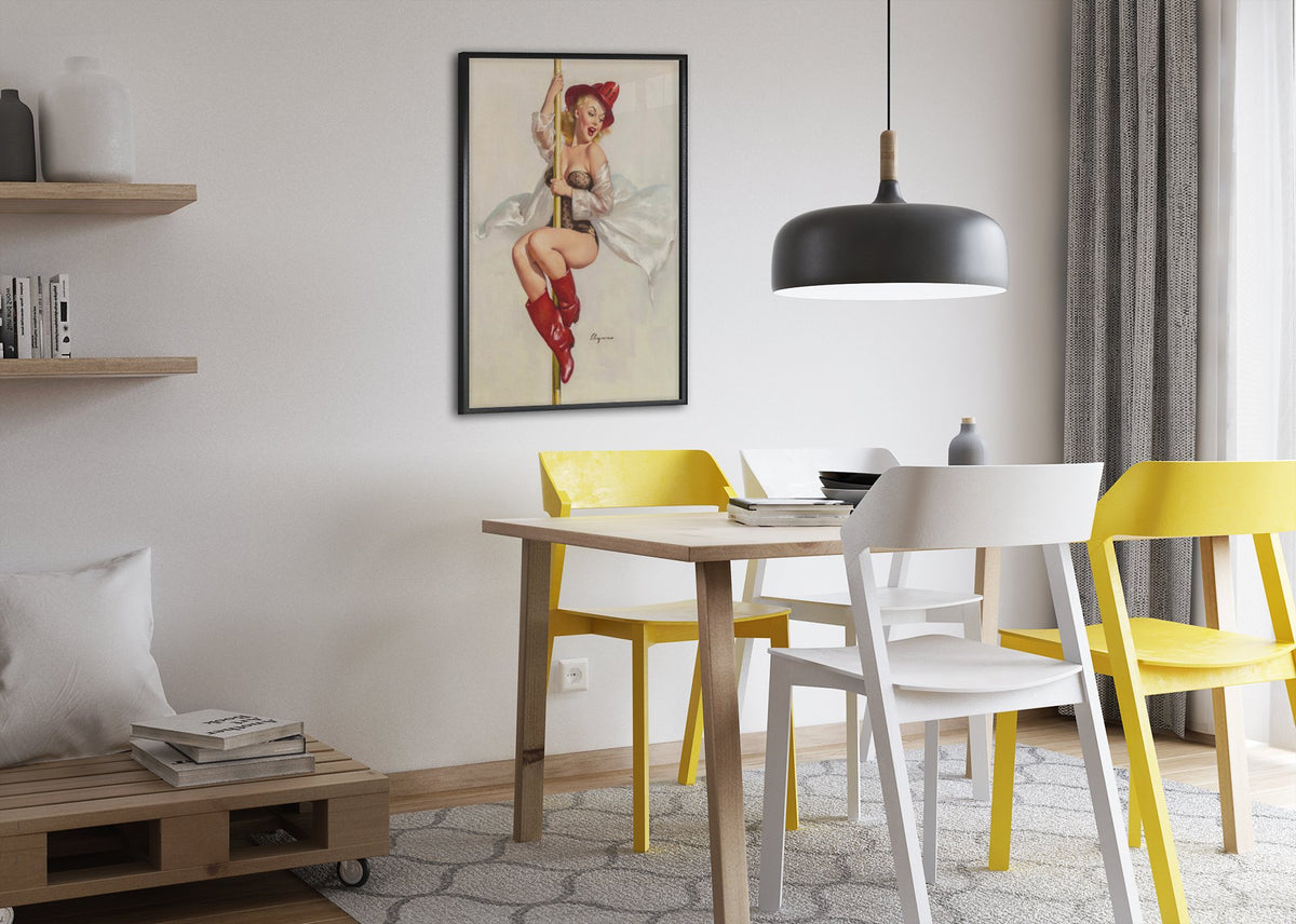 Fire Belle by Gil Elvgren, pin-up poster — dining room
