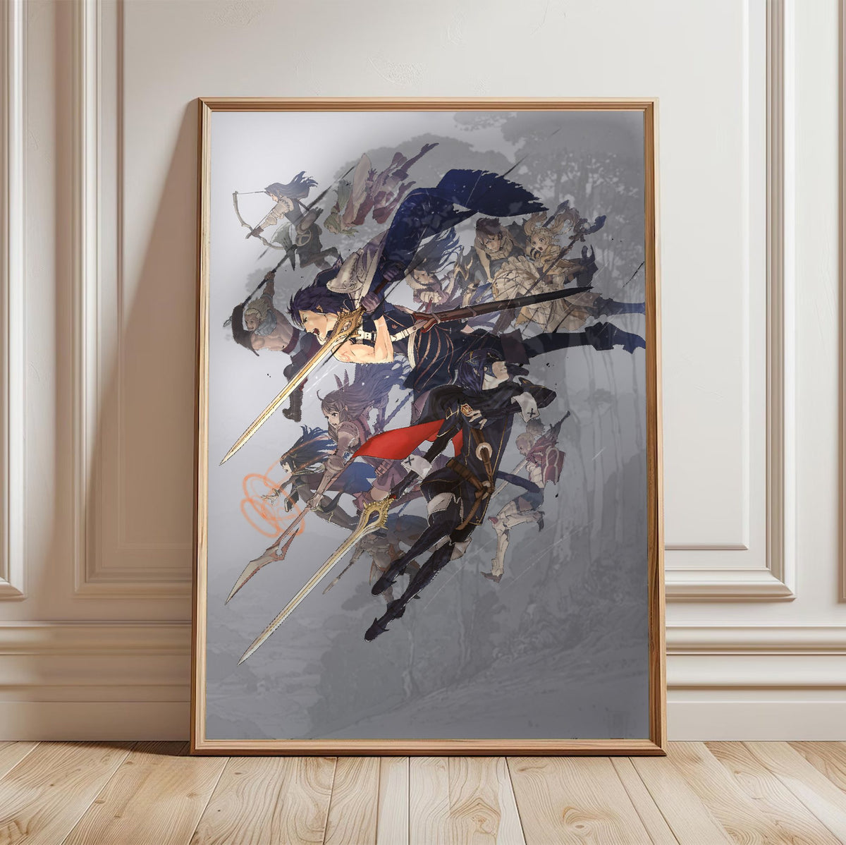 Fire Emblem Awakening Key Art poster in a light oak frame leaning against a white wall
