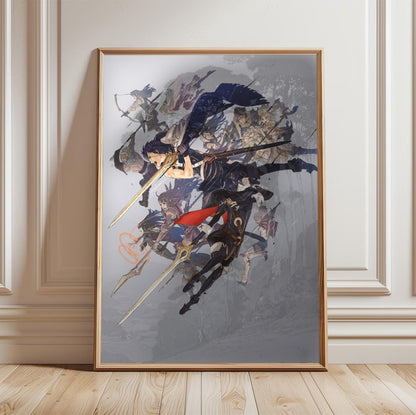 Fire Emblem Awakening Key Art poster in a light oak frame leaning against a white wall