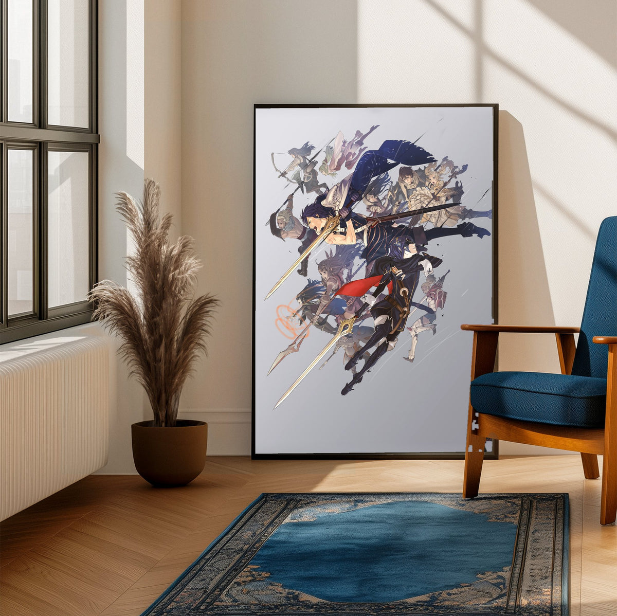 Fire Emblem Awakening Key Art poster framed beside a blue armchair in a sunlit room