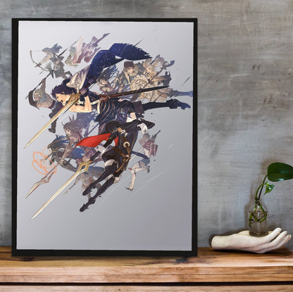 Fire Emblem Awakening Key Art poster in a black frame on a wooden shelf against concrete