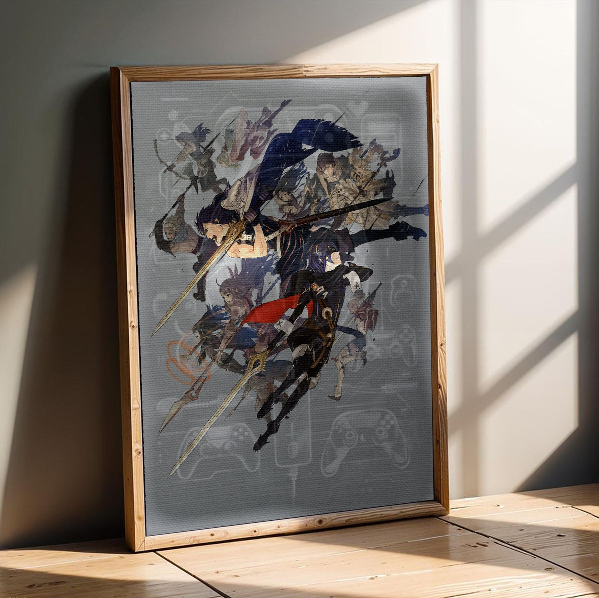 Fire Emblem Awakening Key Art poster in an oak frame leaning on a wooden floor