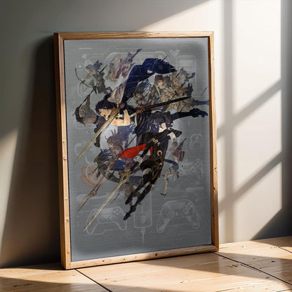 Fire Emblem Awakening Key Art poster in an oak frame leaning on a wooden floor