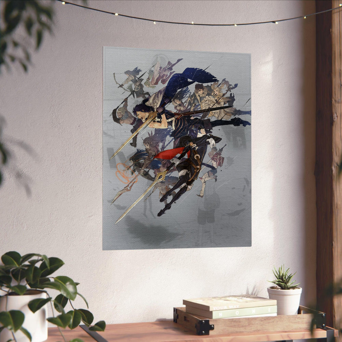 Fire Emblem Awakening Key Art poster unframed on a white wall above a desk