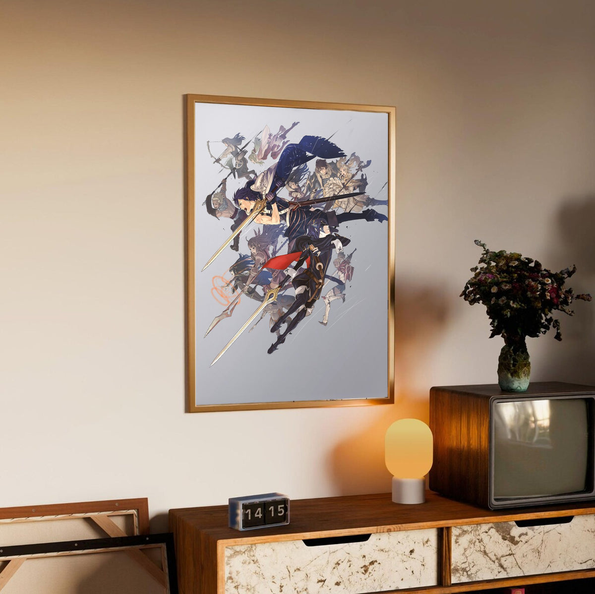 Fire Emblem Awakening Key Art poster in an oak frame above a sideboard