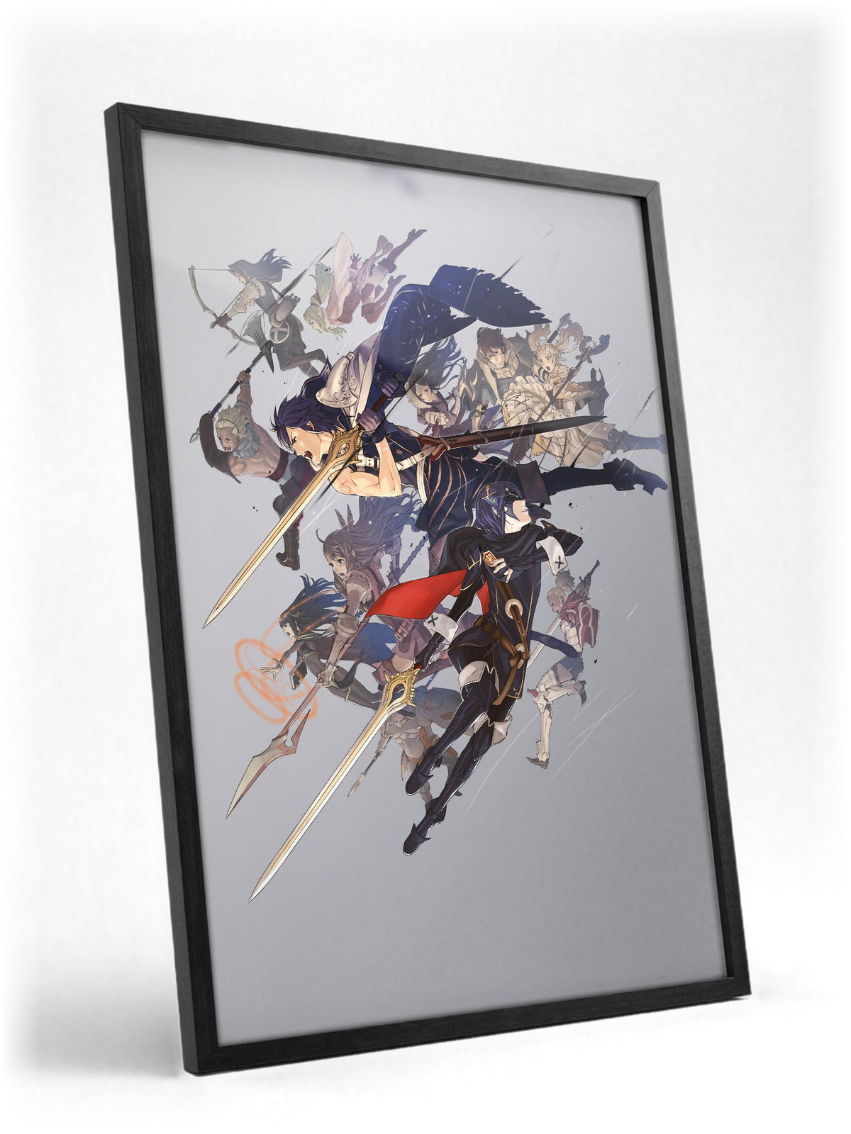 Fire Emblem Awakening Key Art poster in a black frame with glass leaning against a wall