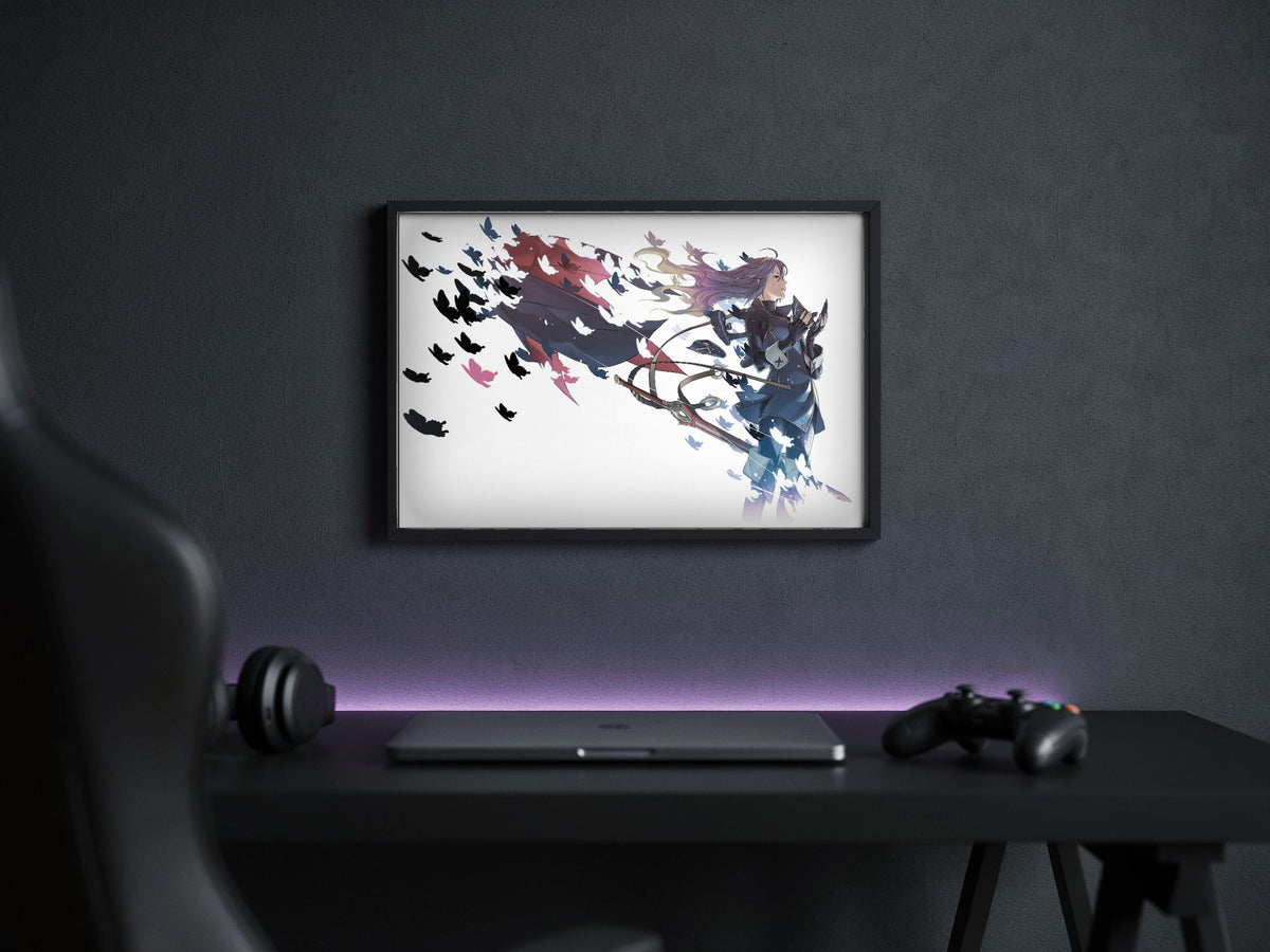 Fire Emblem Awakening Lucina by Yusuke Kozaki poster in a black frame above a gaming desk