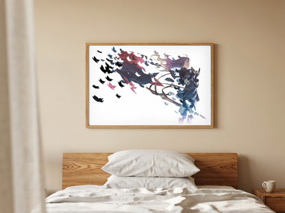 Fire Emblem Awakening Lucina by Yusuke Kozaki poster in a natural oak frame above a bed