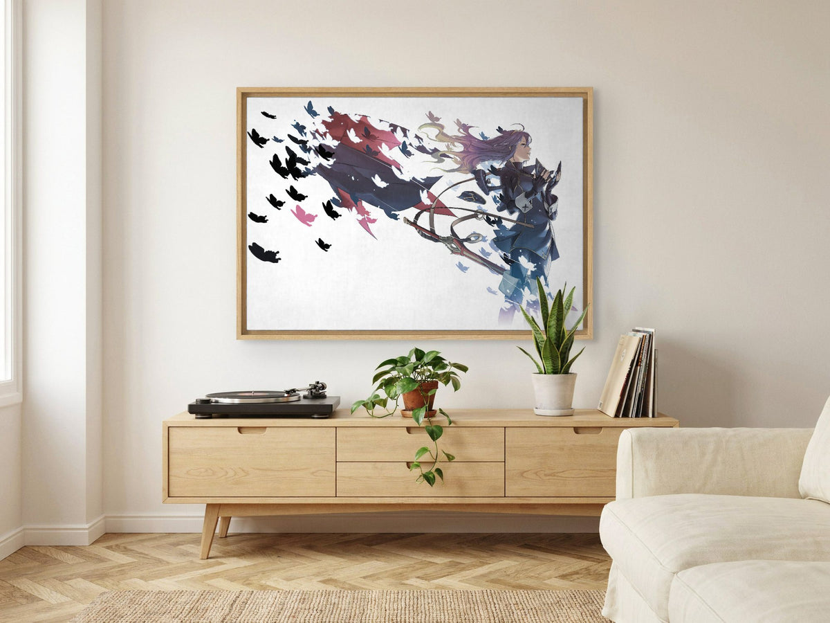 Fire Emblem Awakening Lucina by Yusuke Kozaki as an oak floater framed canvas in a Scandinavian lounge
