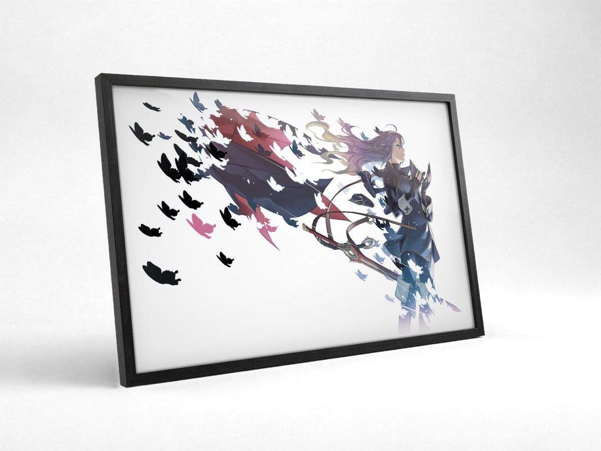 Fire Emblem Awakening Lucina by Yusuke Kozaki poster in a black frame with glass leaning against a wall