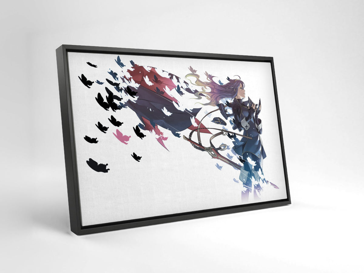 Fire Emblem Awakening Lucina by Yusuke Kozaki as a black floater framed canvas leaning against a wall