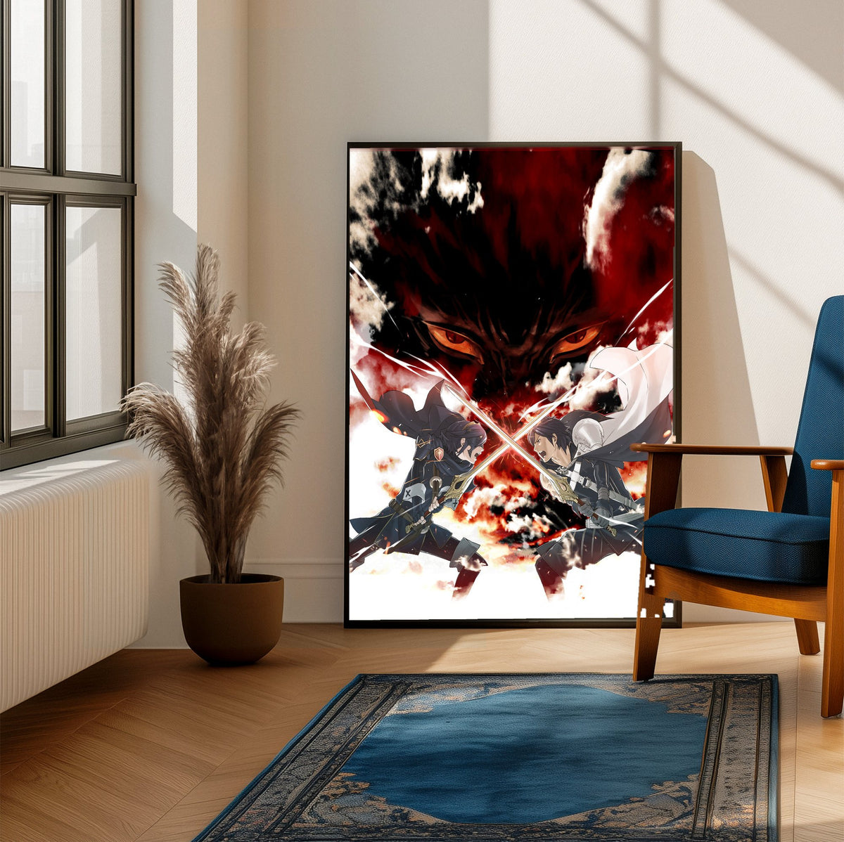 Fire Emblem Awakening Promotional Art poster framed beside a blue armchair in a sunlit room