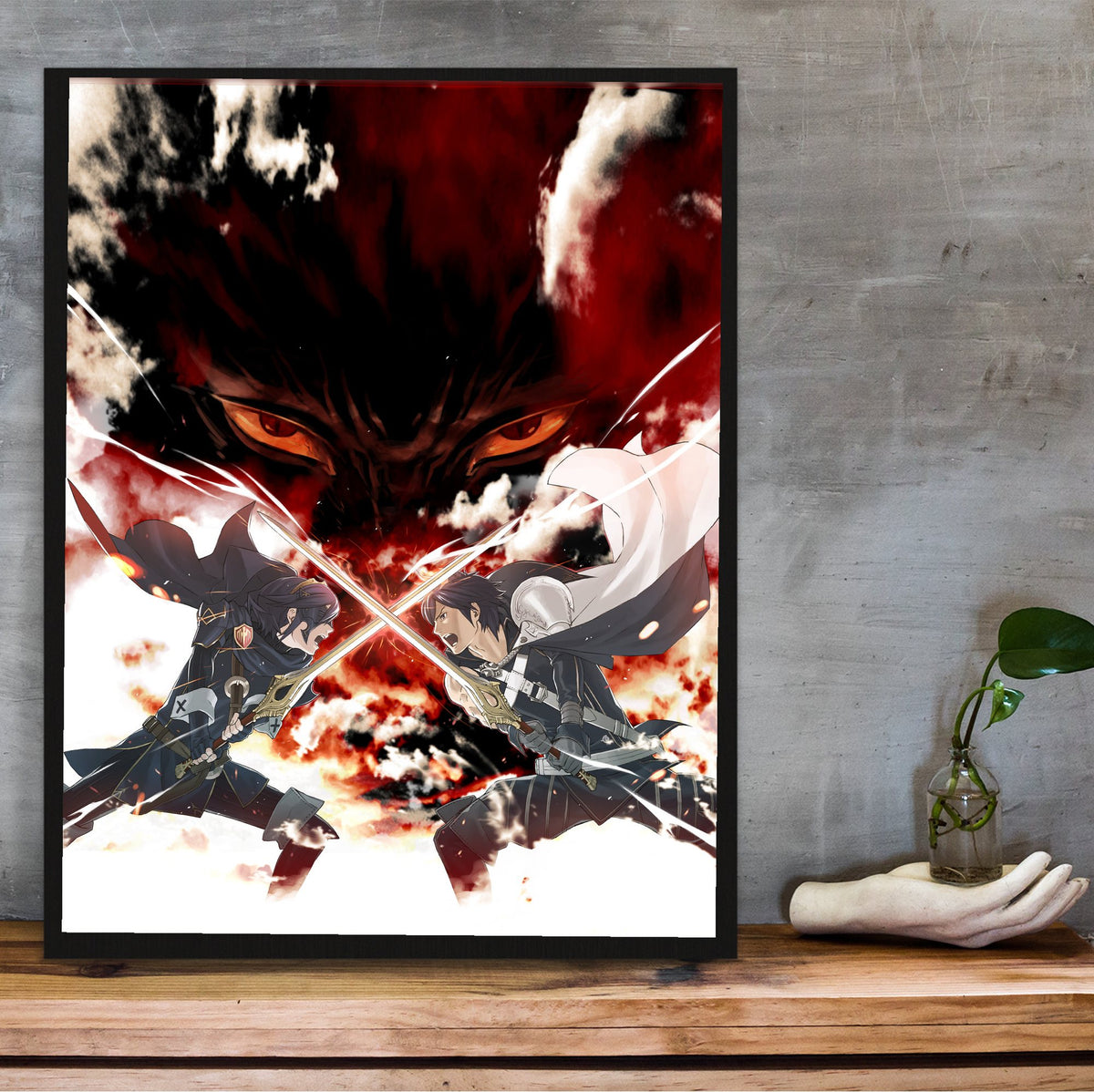 Fire Emblem Awakening Promotional Art poster in a black frame on a wooden shelf against concrete