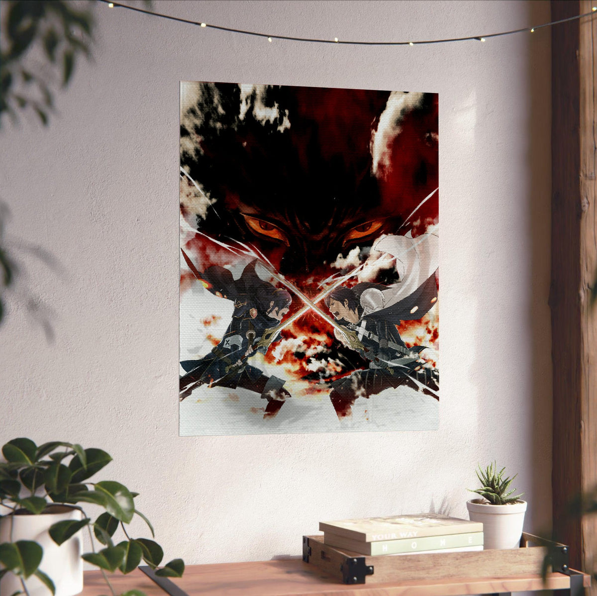 Fire Emblem Awakening Promotional Art poster unframed on a white wall above a desk