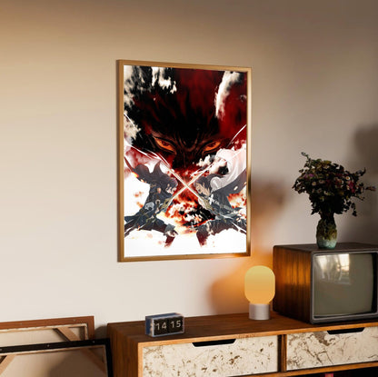 Fire Emblem Awakening Promotional Art poster in an oak frame above a sideboard