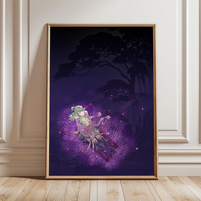 Fire Emblem Awakening Tiki and Nowi poster in a light oak frame leaning against a white wall