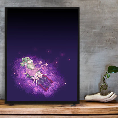 Fire Emblem Awakening Tiki and Nowi poster in a black frame on a wooden shelf against concrete