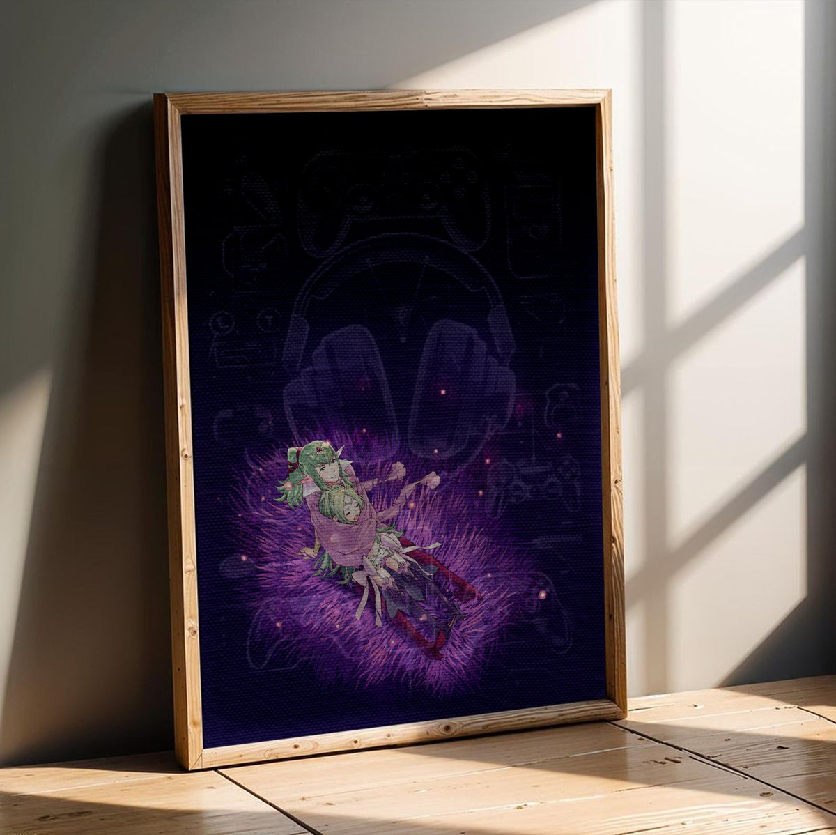 Fire Emblem Awakening Tiki and Nowi poster in an oak frame leaning on a wooden floor