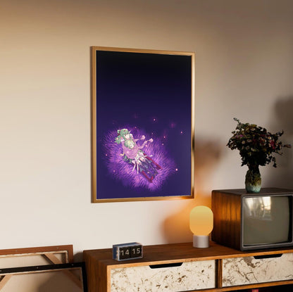 Fire Emblem Awakening Tiki and Nowi poster in an oak frame above a sideboard