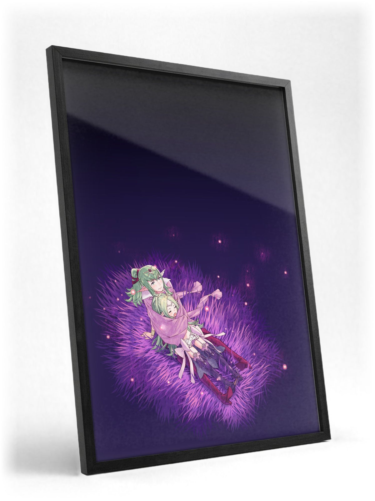 Fire Emblem Awakening Tiki and Nowi poster in a black frame with glass leaning against a wall