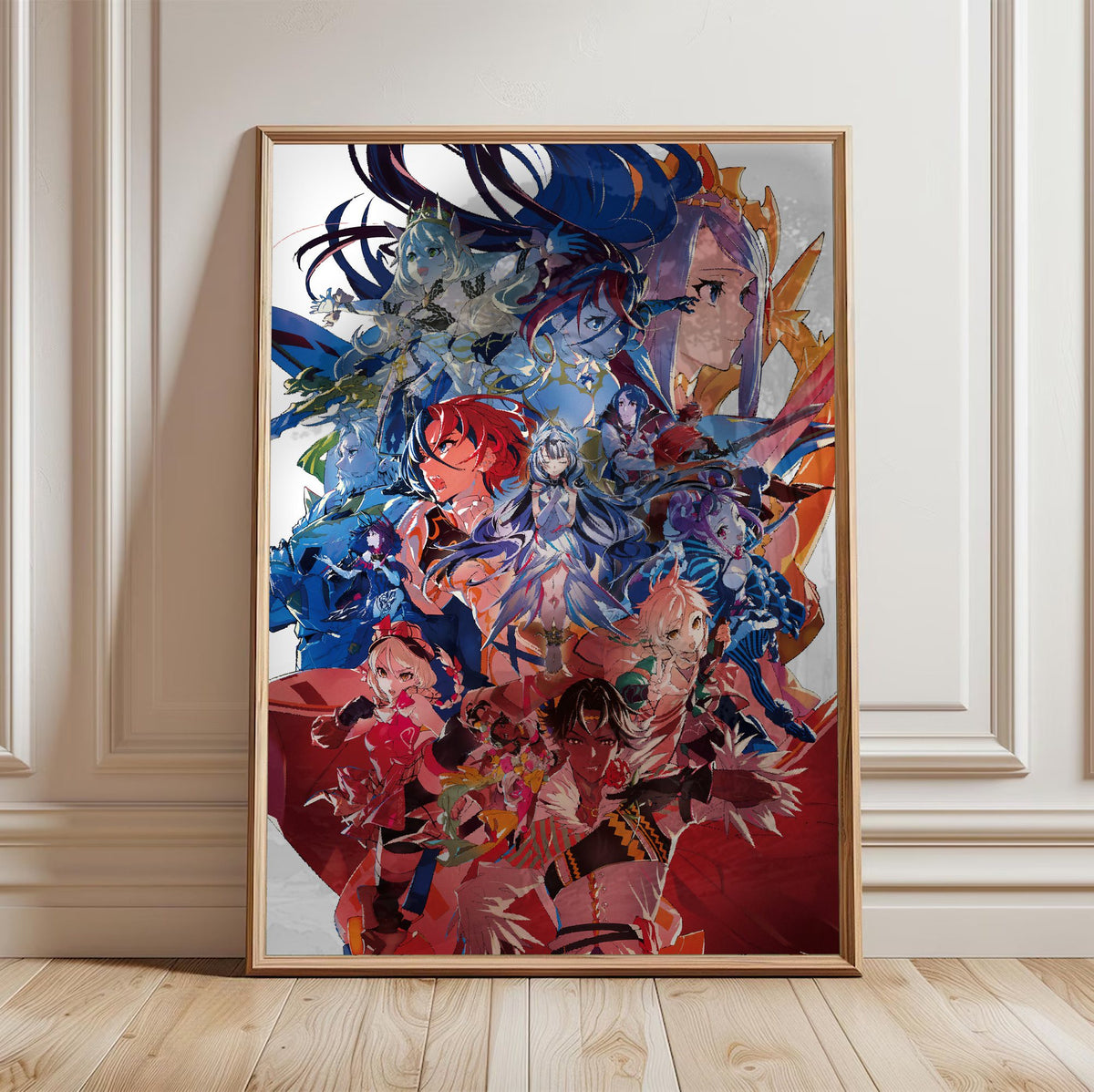 Fire Emblem Engage Divine Edition Art poster in a light oak frame leaning against a white wall