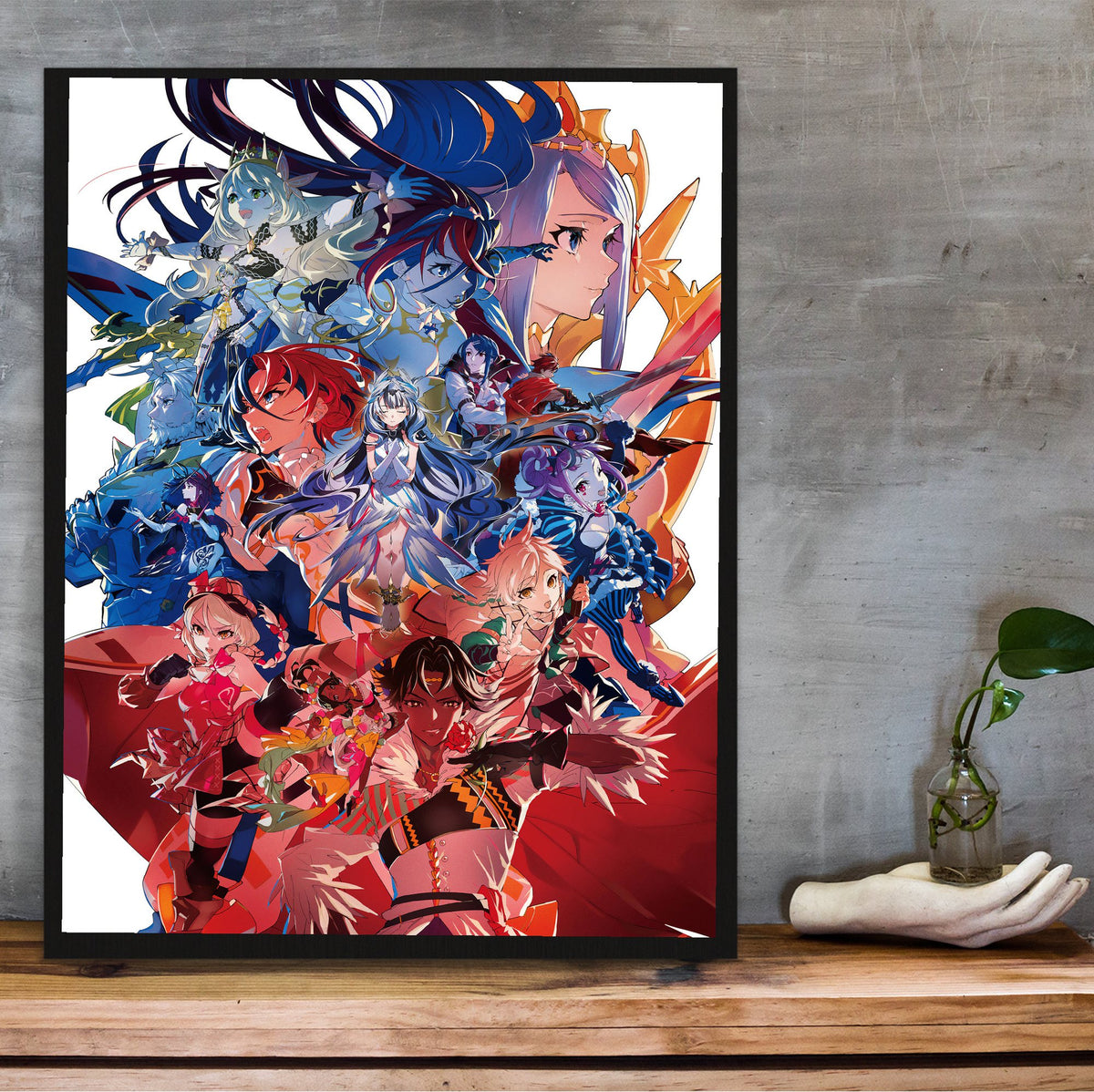 Fire Emblem Engage Divine Edition Art poster in a black frame on a wooden shelf against concrete