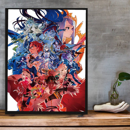Fire Emblem Engage Divine Edition Art poster in a black frame on a wooden shelf against concrete
