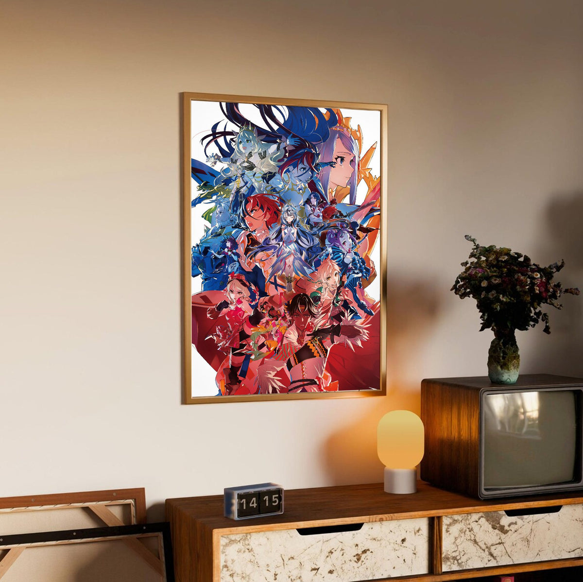Fire Emblem Engage Divine Edition Art poster in an oak frame above a sideboard