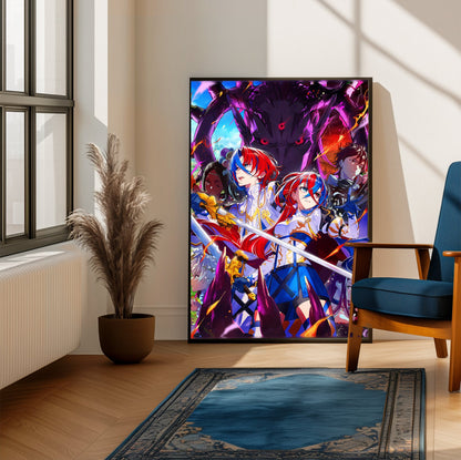 Fire Emblem Engage Famitsu Cover Art poster framed beside a blue armchair in a sunlit room