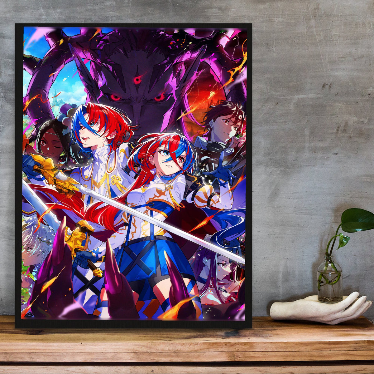 Fire Emblem Engage Famitsu Cover Art poster in a black frame on a wooden shelf against concrete