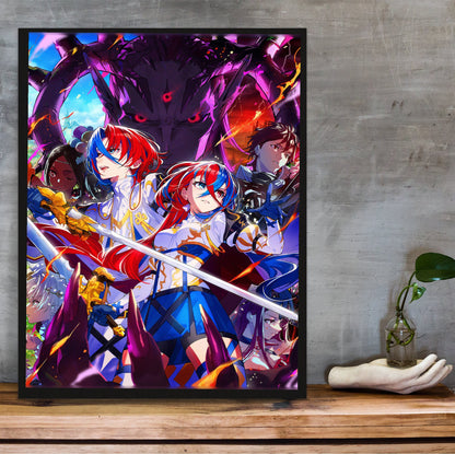 Fire Emblem Engage Famitsu Cover Art poster in a black frame on a wooden shelf against concrete