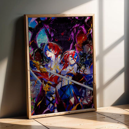 Fire Emblem Engage Famitsu Cover Art poster in an oak frame leaning on a wooden floor