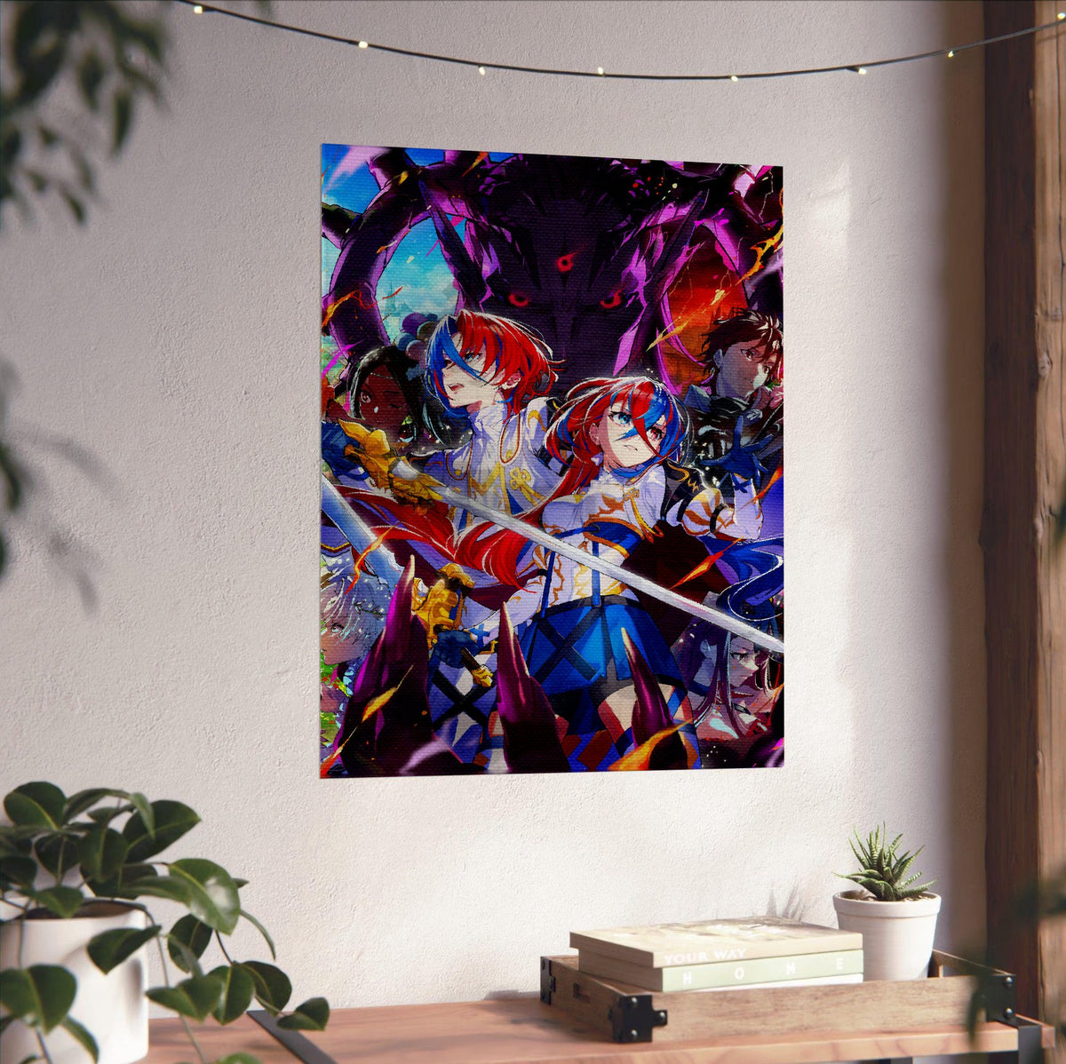 Fire Emblem Engage Famitsu Cover Art poster unframed on a white wall above a desk