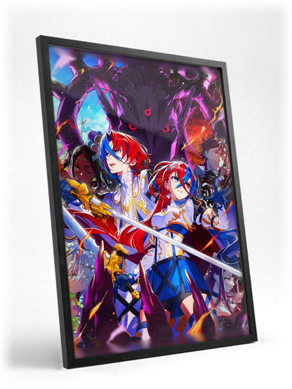 Fire Emblem Engage Famitsu Cover Art poster in a black frame with glass leaning against a wall