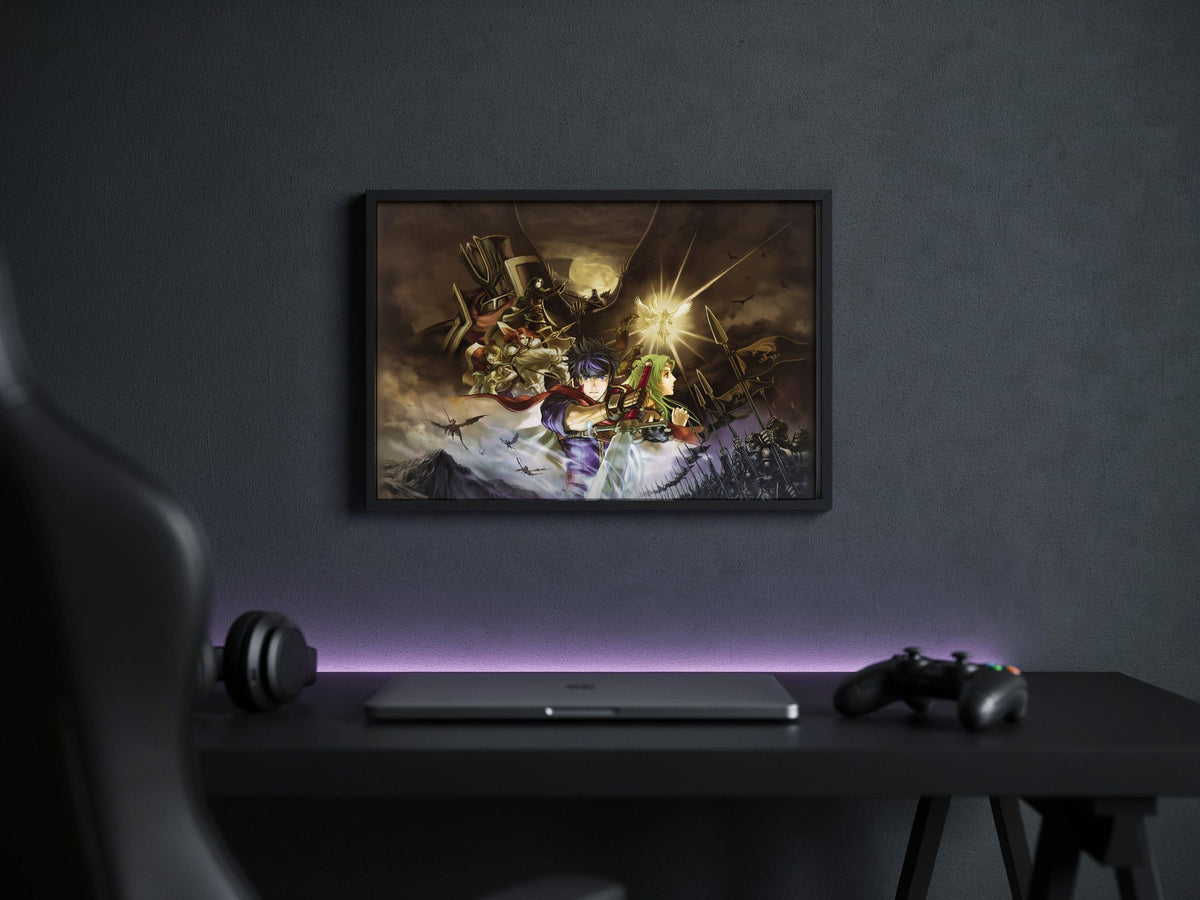 Fire Emblem Path of Radiance Cover Art poster in a black frame above a gaming desk